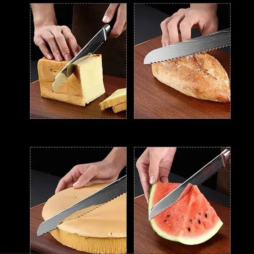 Professional Laser Damascus Kitchen Knife With Wood Handle For Bread Fruit Fish Meat Boning And Slicing