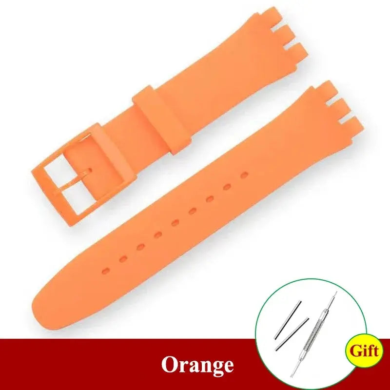Orange silicone Swatch watch strap; 16-20mm replacement bracelet by Simples Market.