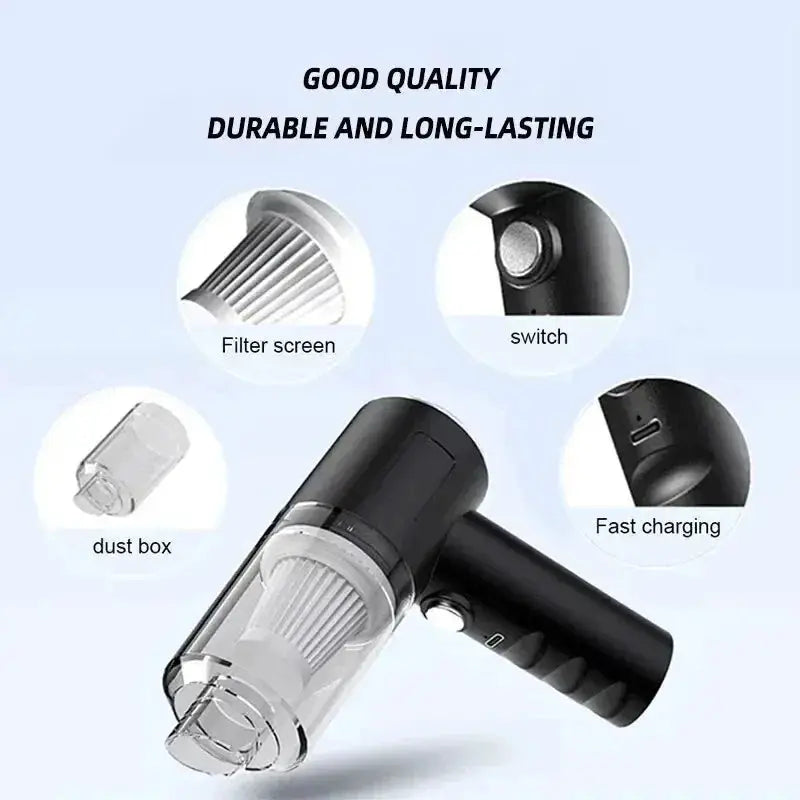 Portable wireless car vacuum cleaner by Simples Market, black handheld 120W, for home and car, transparent dust box.