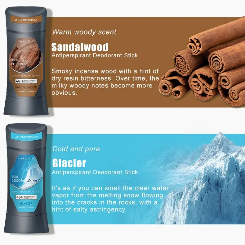 Flora Ruby deodorant sticks—two antiperspirant sticks with sandalwood brown and glacier blue packaging by Simples Market