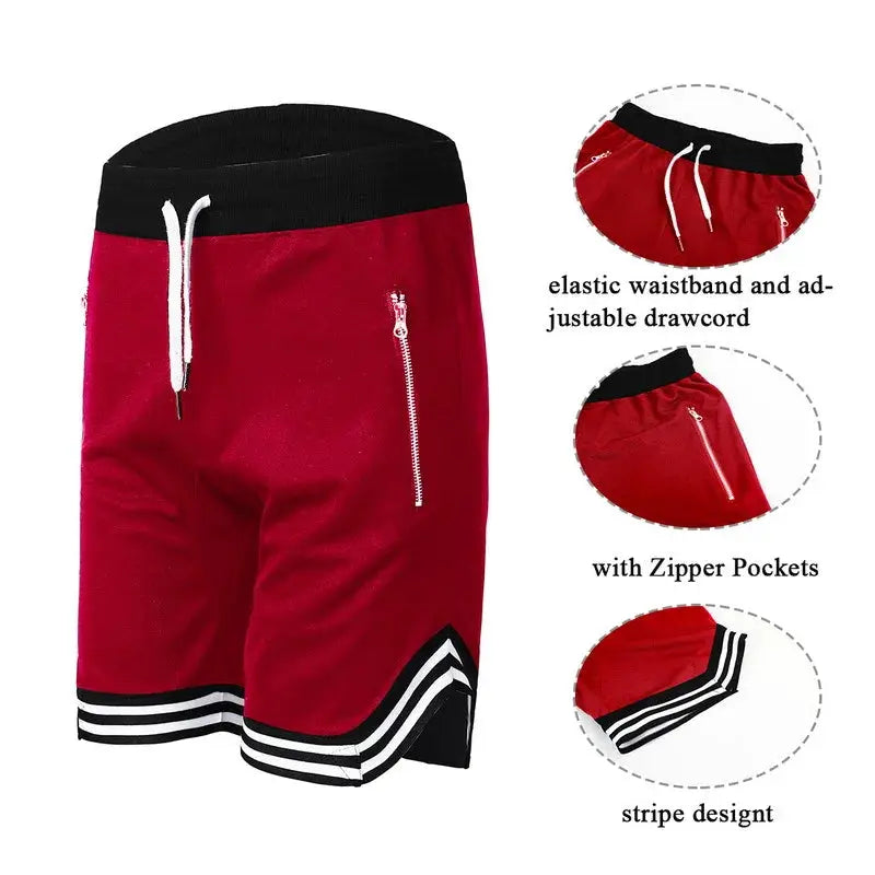 Men's basketball shorts by Simples Market, red with black waistband, white drawcord, zip pocket, and striped hem.