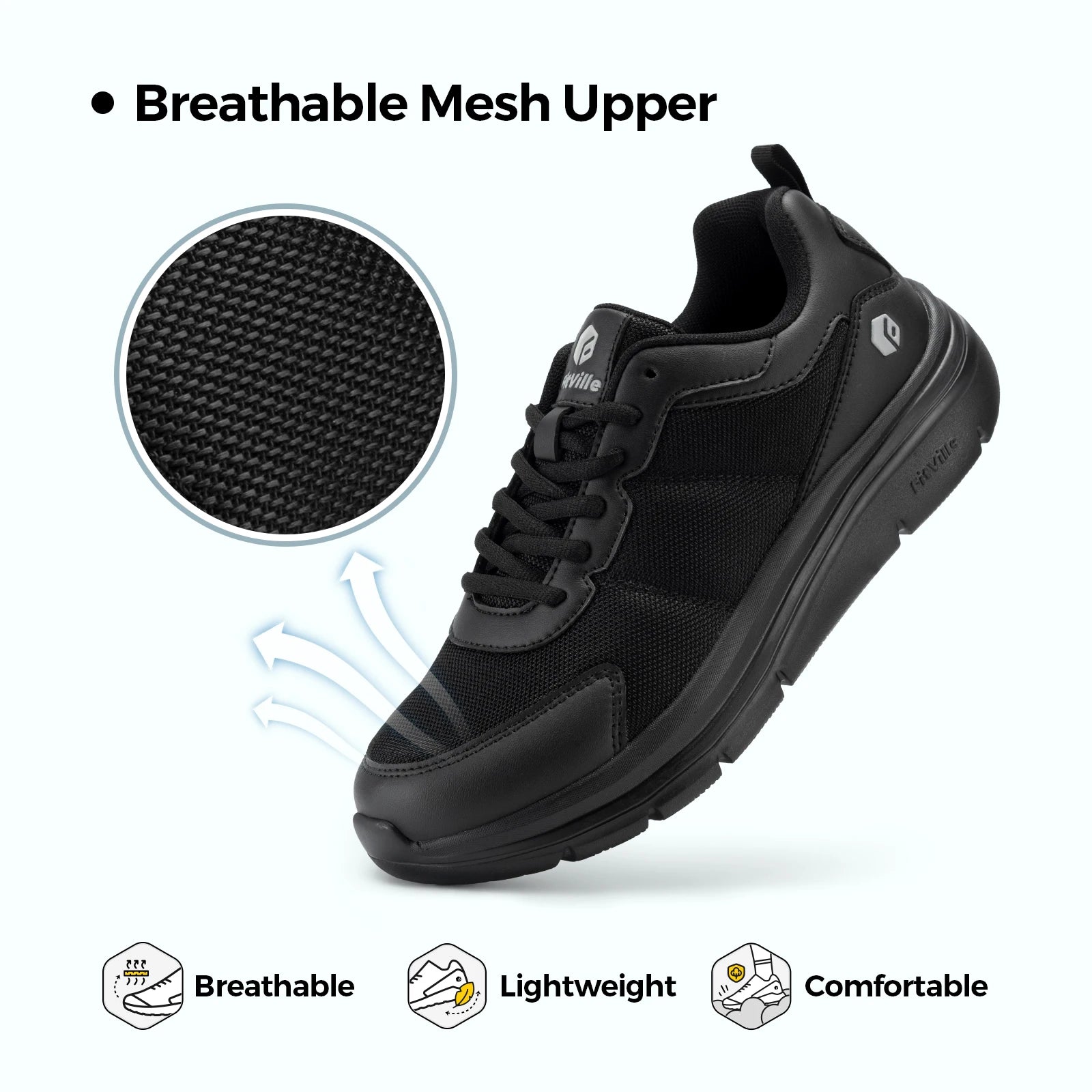 FitVille men's black walking shoe with breathable mesh upper and cushioned sole