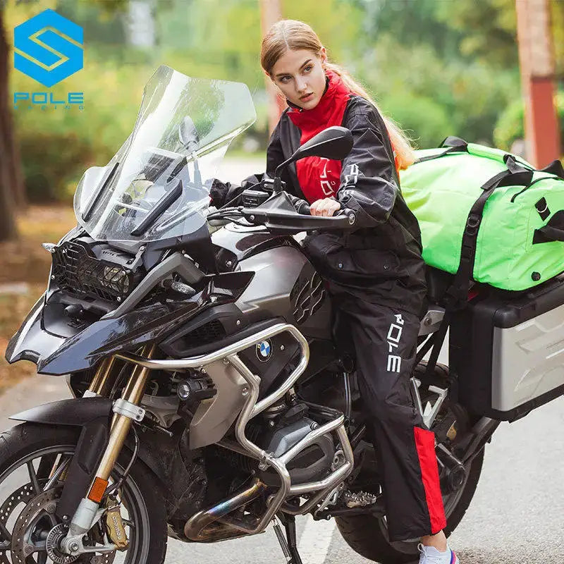POLE motorcycle raincoat set; breathable, waterproof with reflective panels, black with red accents.
