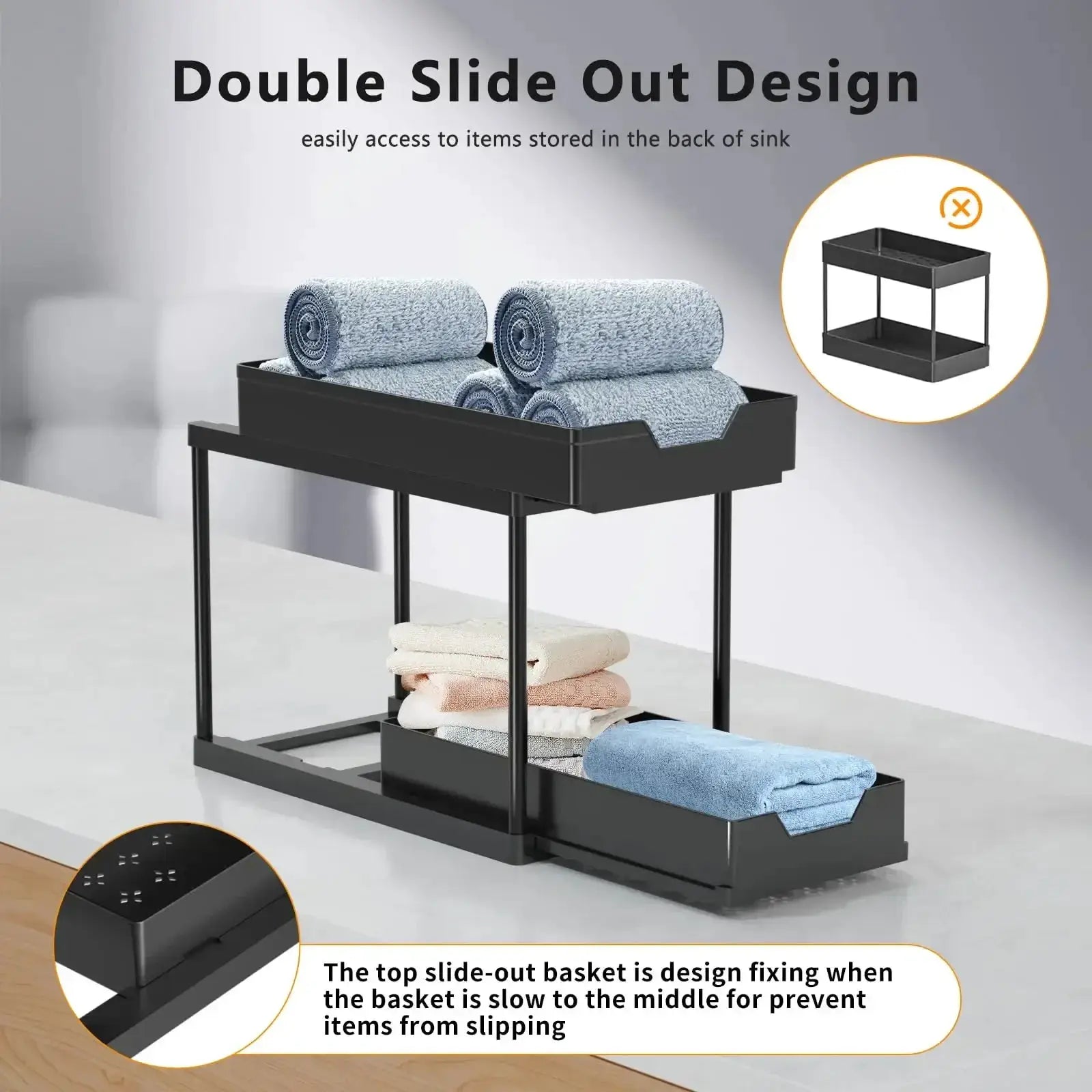 Two-tier under-sink sliding cabinet organizer in black metal with top slide-out basket for bathroom storage