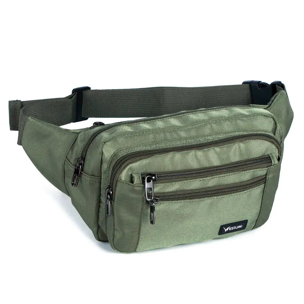 Unisex olive-green nylon waist pack with multiple zip pockets and adjustable strap, Vestlong label