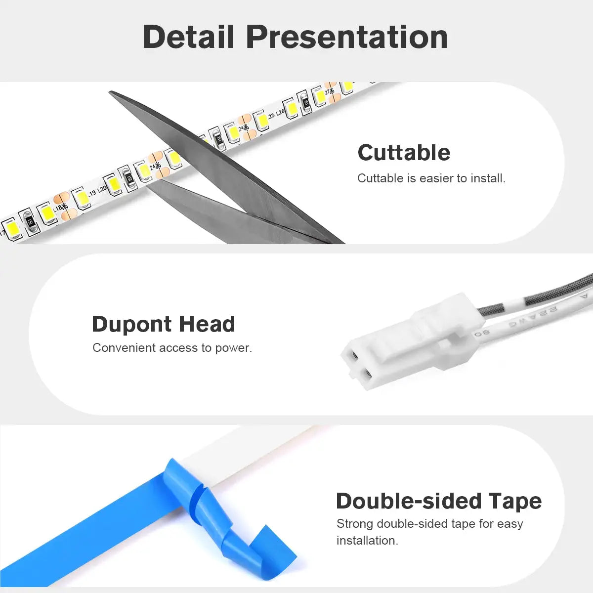 LED strip light Dupont COB/2835SMD high-density flexible 12V DC, cuttable with head connector and blue tape