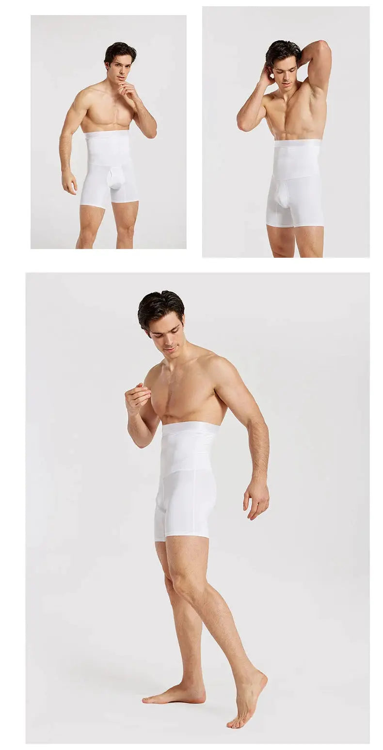 Men's tummy-control shapewear shorts, white, high-waist boxer briefs by Simples Market