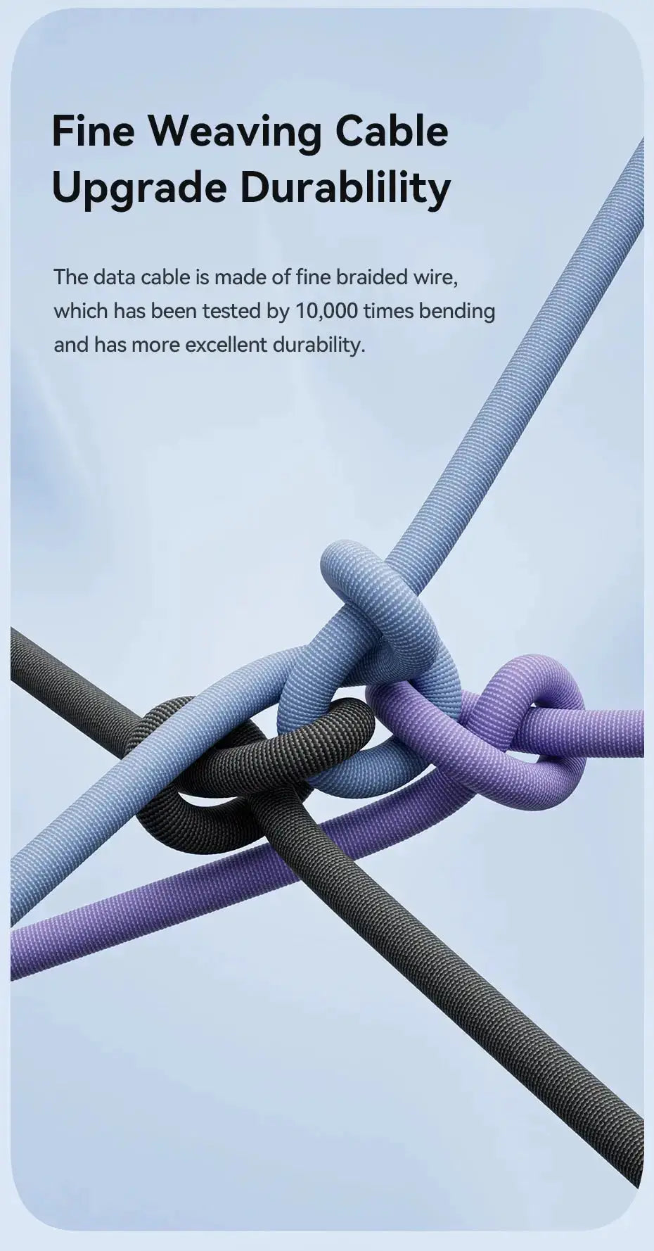 USB-C to USB-C braided charging cable, multi-color blue, purple and black, tangled display of braided nylon.
