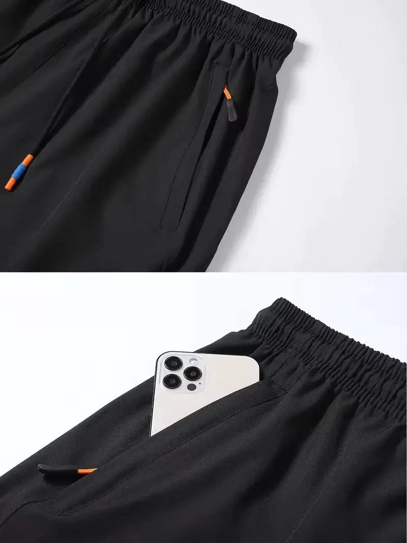 Men's black summer sport shorts with elastic waistband, breathable fabric, orange/blue drawstrings, and side zip pocket