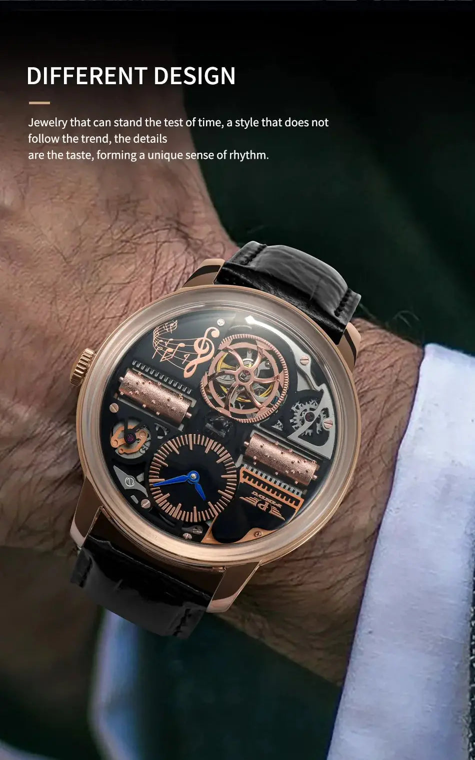PINDU design skeleton watch with rose-gold steel case, sapphire glass, black leather strap and exposed movement.