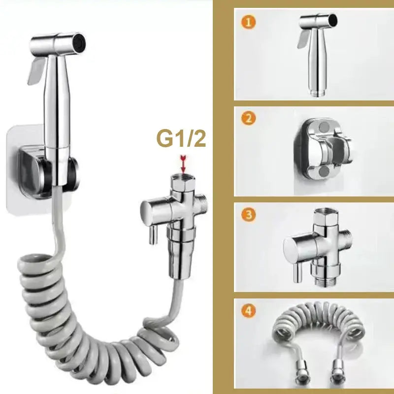Simples Market brass 3-way diverter bidet sprayer kit with stainless steel nozzle, G1/2 adapter, hose and wall mount