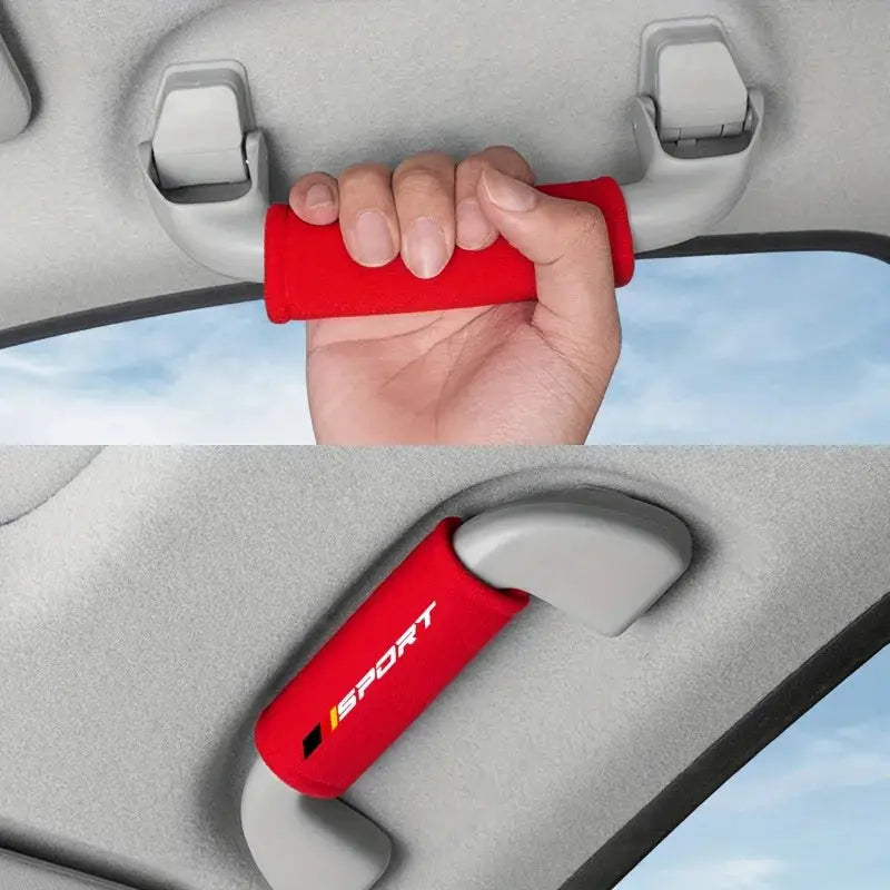 Red fluffy car door handle protector sleeve by Simples Market with SPORT logo for interior decor