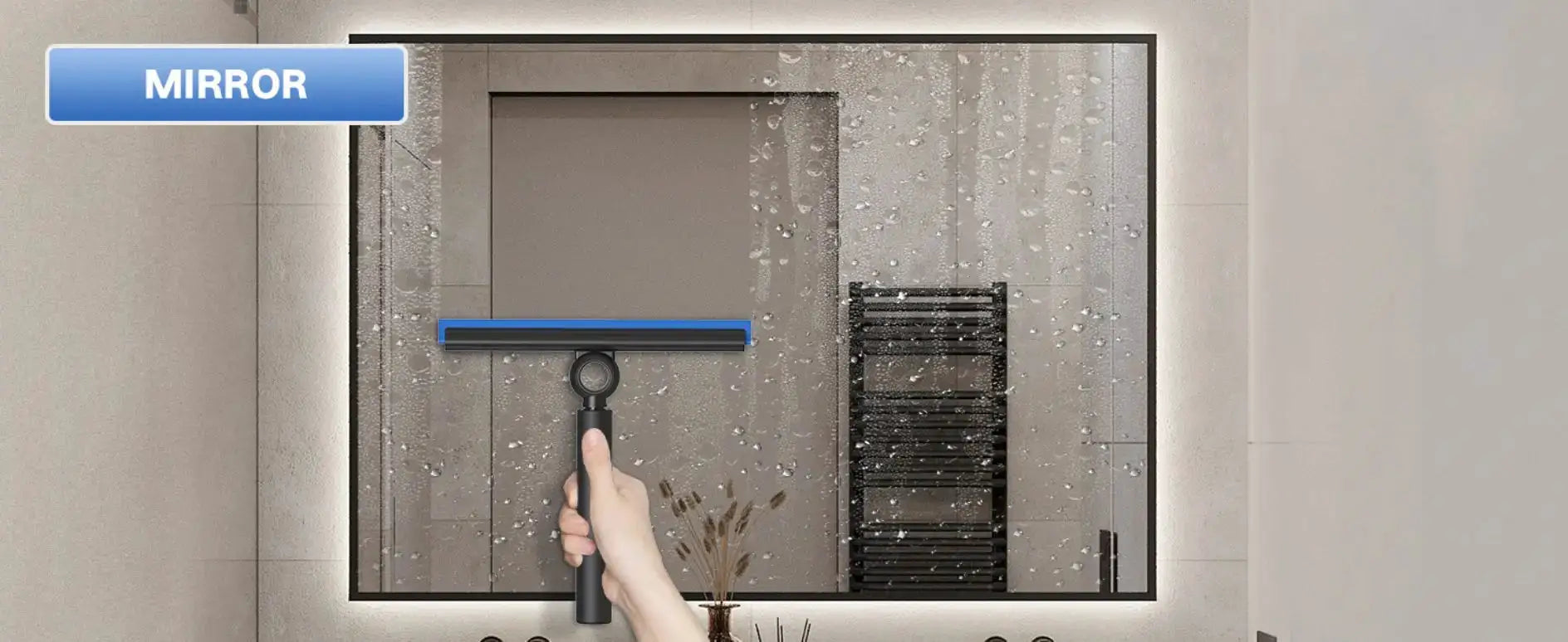 EHOMGUI shower squeegee with telescopic black handle and blue rubber blade for glass doors and mirrors