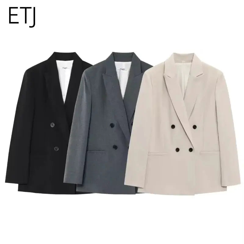 ETJ women's suit set with double-breasted blazer and high-waisted pleated wide-leg pants in black, gray, beige