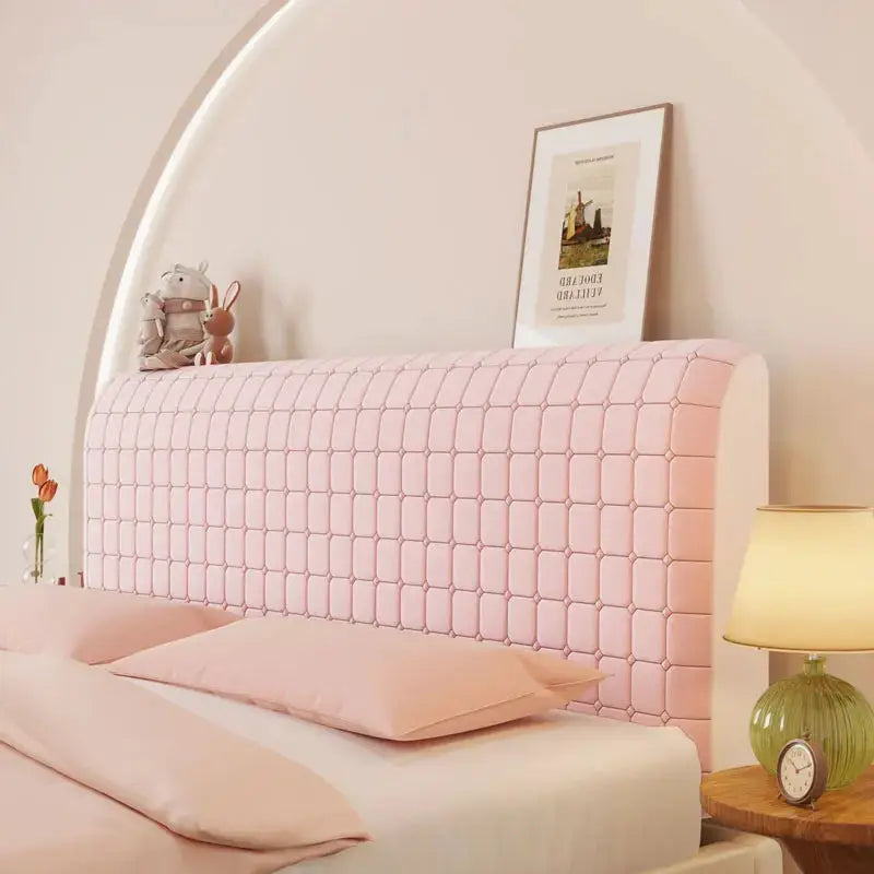 Headboard cover for queen bed in pink stretch velvet with tufted square grid design