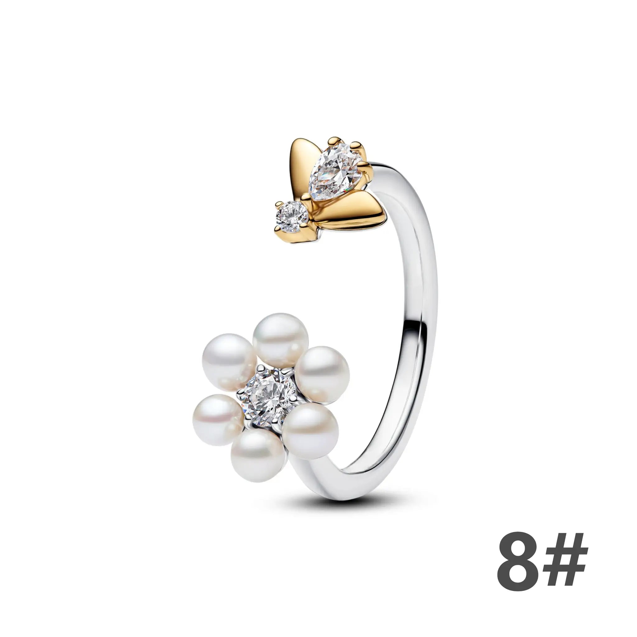 Sterling silver ring featuring a gold butterfly setting with a diamond centerpiece and pearl accents nearby