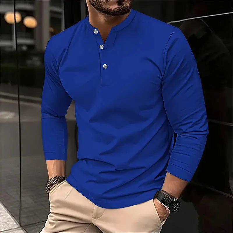 Men's blue long-sleeve Henley polo shirt by Simples Market, breathable solid design.