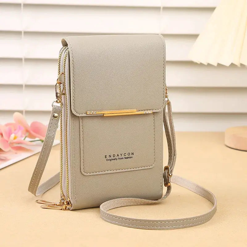 Crossbody phone bag Endaycon beige faux-leather with card holder and gold hardware