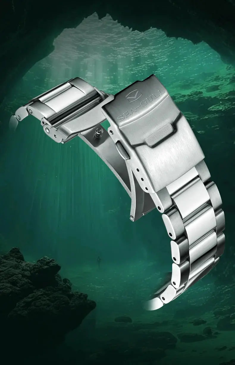 Seagull stainless steel men's dive watch with metal bracelet, 200m water resistance, Ocean Series; SEA-GULL logo visible.