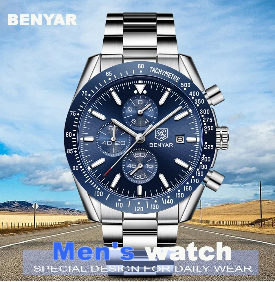 Men's BENYAR full-steel chronograph watch with blue dial