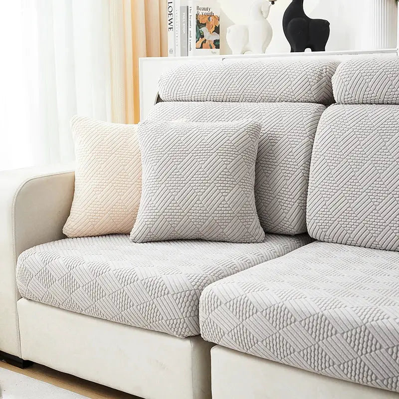 Sofa cushion cover set; grey jacquard fabric, stretchy fit for furniture protection