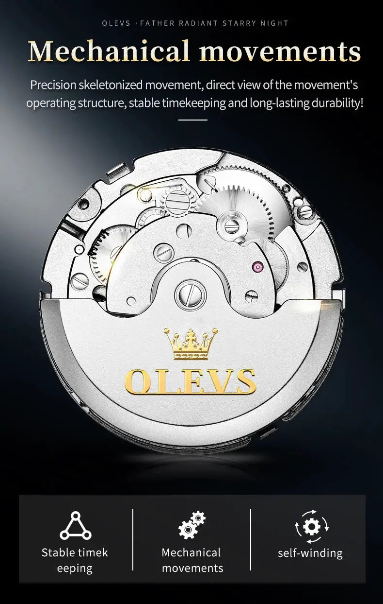 OLEVS stainless steel skeleton automatic wristwatch with visible movement
