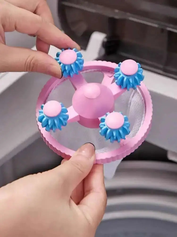 Washing machine filter ball, pink with five blue brush rollers; reusable lint and hair catcher