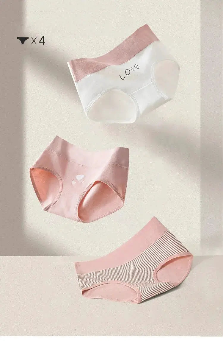 4-pack women's high-waist panties by Simples Market, breathable cotton with pastel pink/white prints