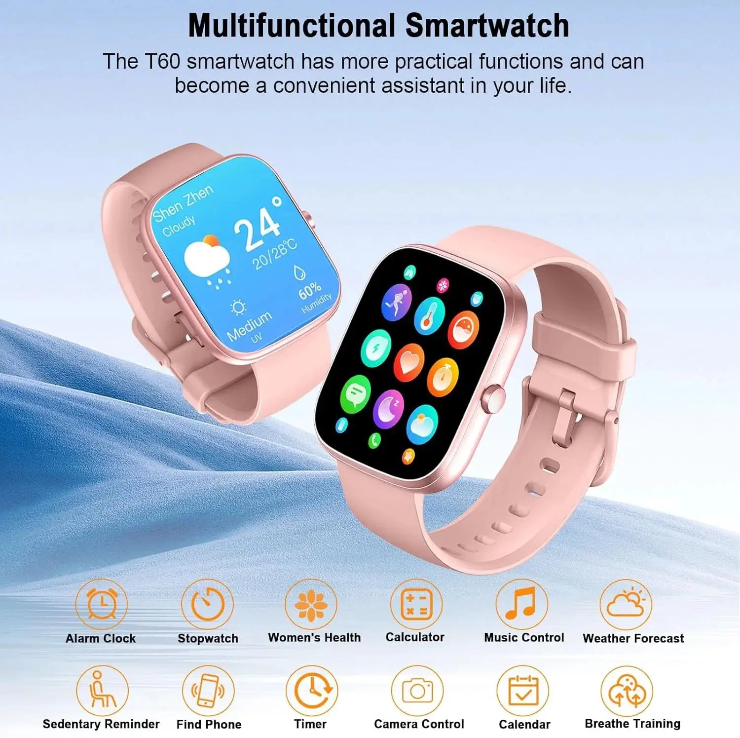 Simples Market pink smart watches (2) with 1.91-inch screens; IP68 waterproof, heart-rate and sleep monitoring.