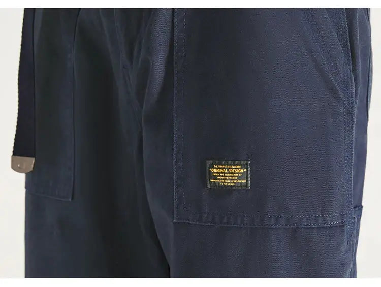 HIQOR men's navy cargo pants with multiple pockets and belt design