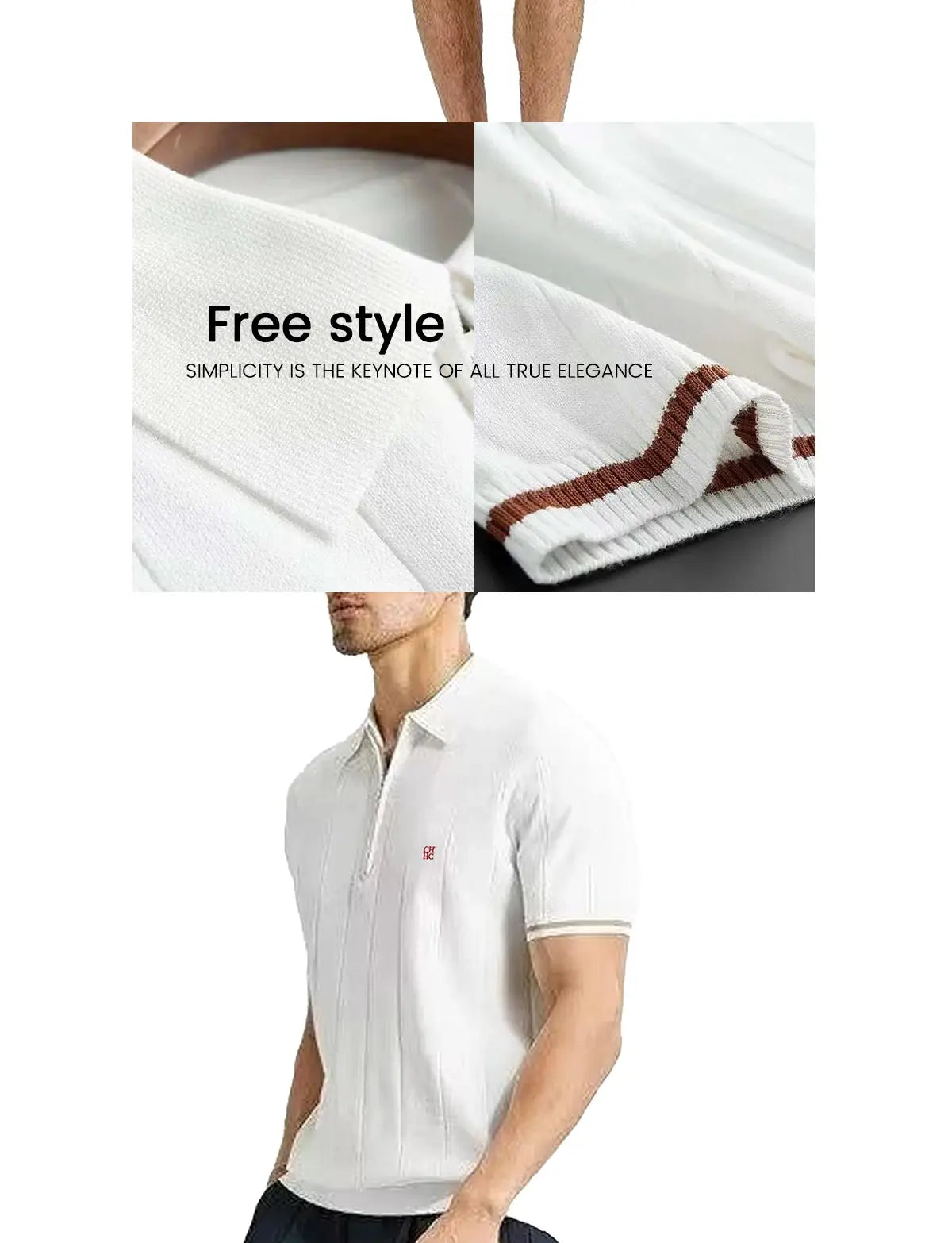 White knit polo with vertical stripes, half-zip collar, short sleeves; red CH embroidery on chest; Simples Market.