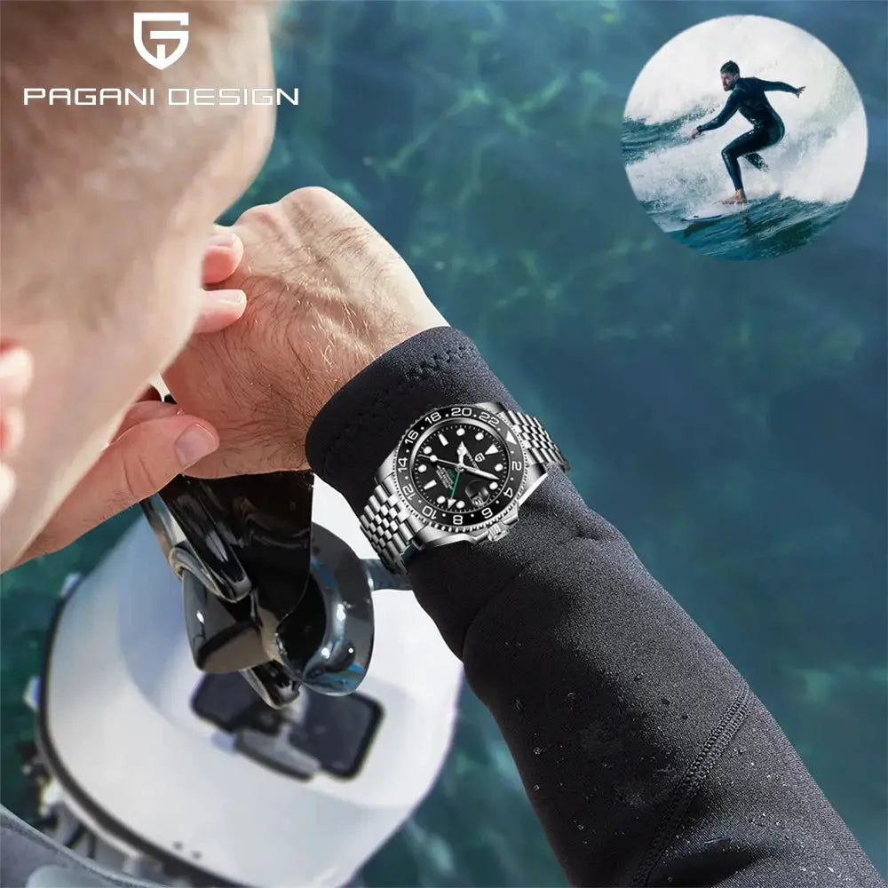 Pagani Design PD-1662 men's stainless steel GMT watch with black dial and ceramic bezel