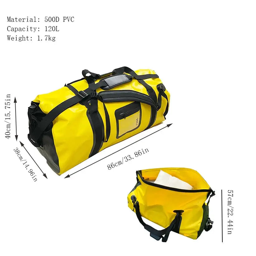 Yellow 120L waterproof duffle bag with black straps for motorcycle tail bag and outdoor adventures