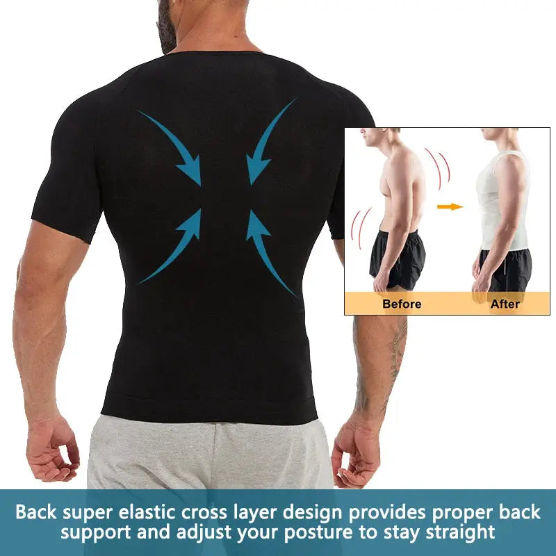 Simples Market mens black slimming compression shirt with cross-back support for posture and abs; before/after inset.