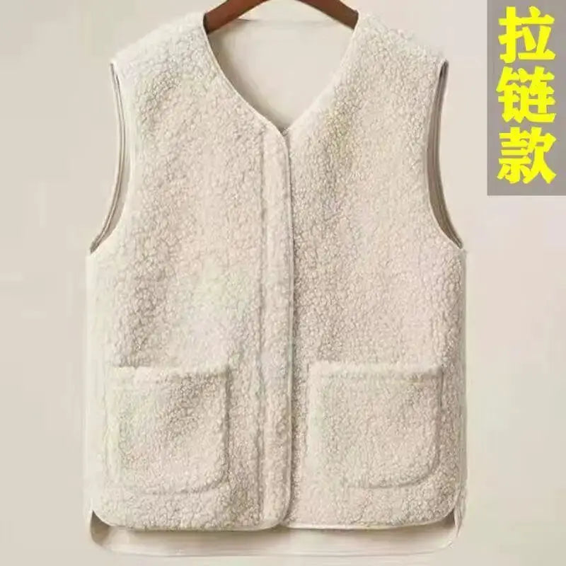 Men's cream sherpa fleece vest with two pockets, sleeveless zip-front