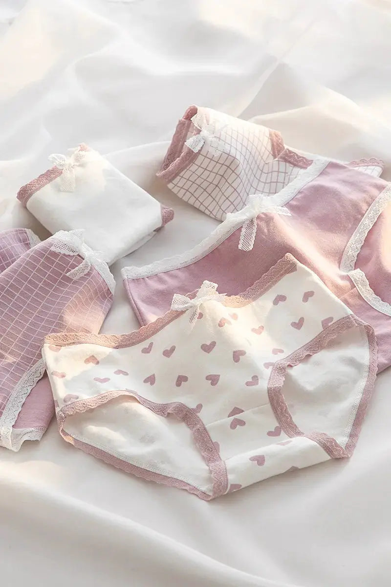 5-piece women's cotton panties set in pink and white with lace trim and heart prints