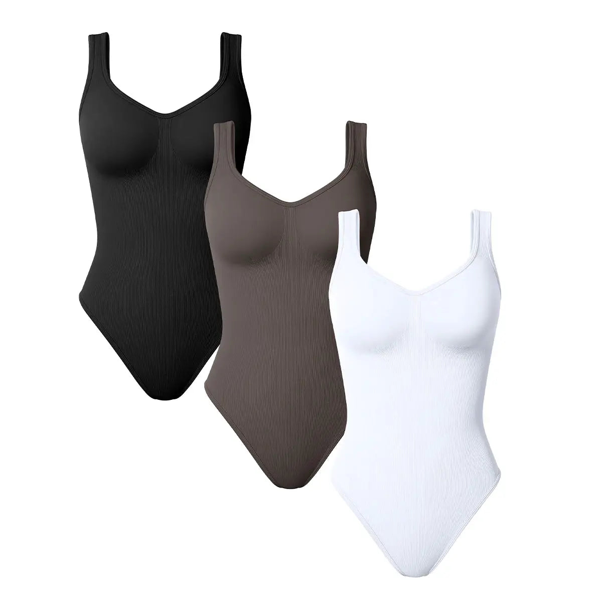 Ladies ribbed bandage backless bodysuit set in black, taupe, white by Simples Market (3-pack)