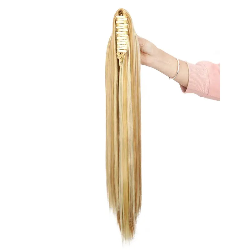 Simples Market 24-inch clip-on ponytail extension, synthetic long straight blonde hair, heat resistant