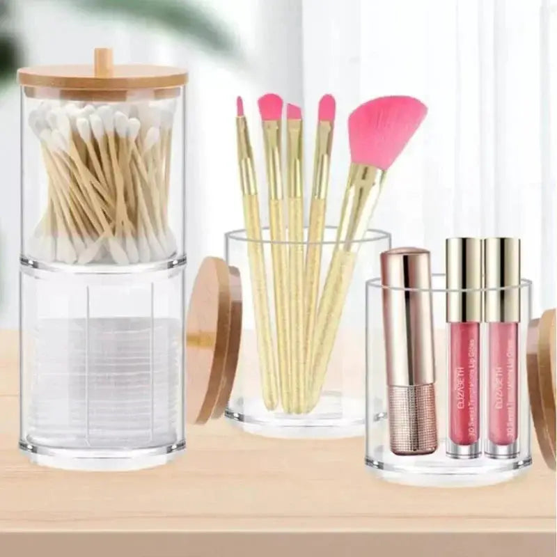 ClearNest Acrylic Storage Box Bathroom Organizer Transparent Box With Bamboo Lid For Cotton Pads Swabs QTips