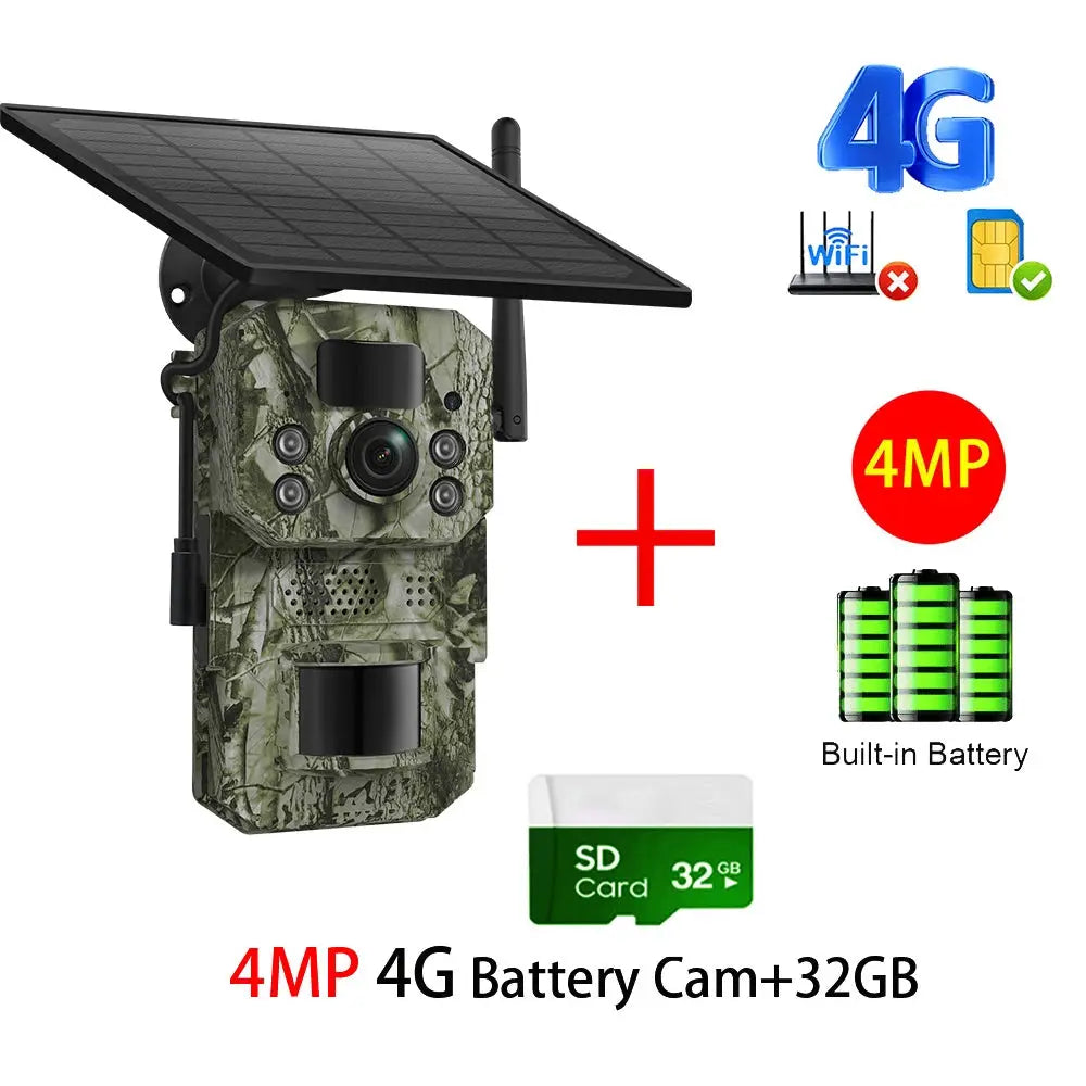INQMEGA4G 4G trail camera in camouflage with solar panel, built-in battery, PIR motion, night vision and 32GB SD card