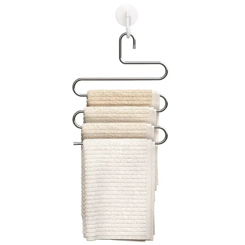 5-layer chrome clothes rack with beige towels for hanging and storage
