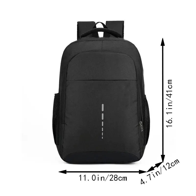 Professional laptop backpack featuring dimensions 11x16.1x4.7 inches, sleek black design, and modern appeal.