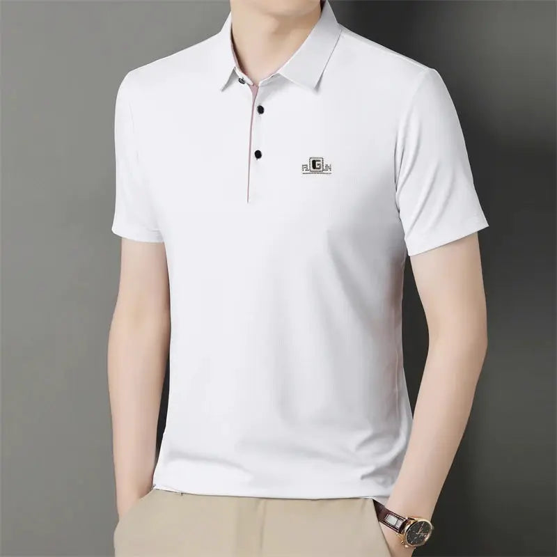Polo shirt, white, short-sleeve with badge emblem for business casual style