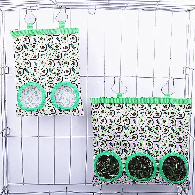 Rabbit hay bag hanging feeder, set of 2, with 2/3 hole openings, avocado-pattern fabric, green trim for small pets