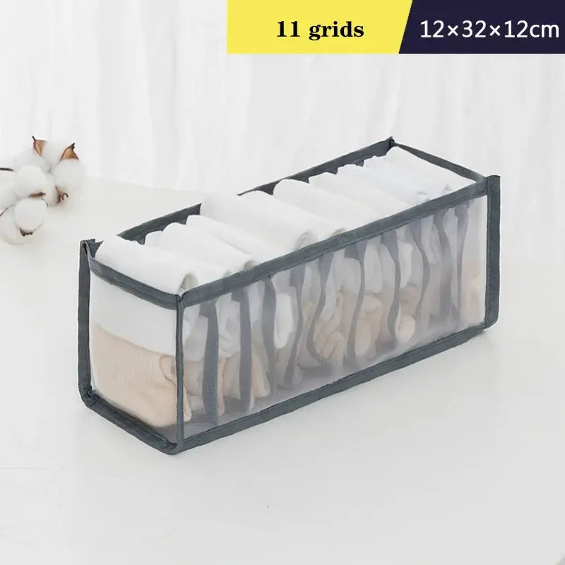 Underwear and sock organizer box, 11-grid gray mesh with clear panels, 12x32x12 cm