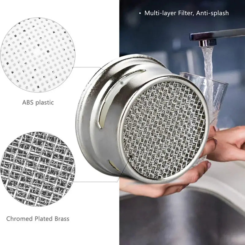 Brass water-saving faucet aerator with replaceable filter, 24mm thread; chrome-plated mesh with ABS plastic housing