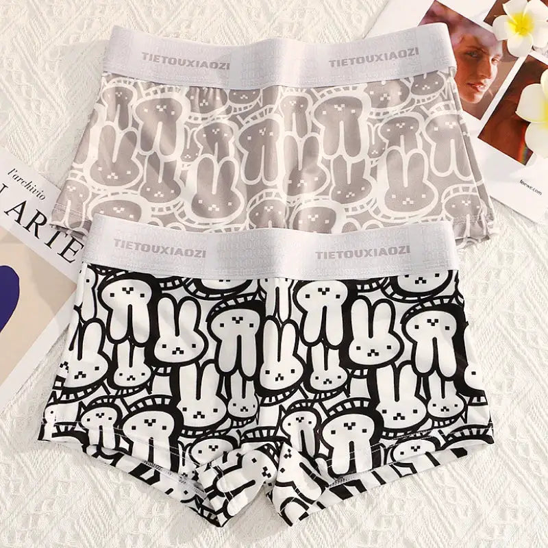 2-pack women's seamless breathable boxer shorts with gray and black/white bunny pattern, TIETOUXIAOZI