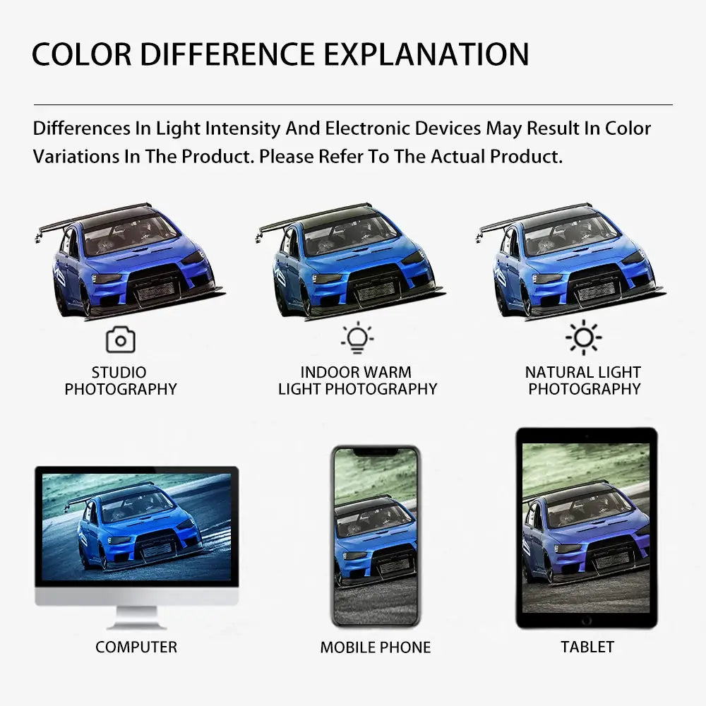3D Carbon Fiber Black Vinyl Wrap by Simples Market; color variation demo on blue car with computer, mobile phone, tablet