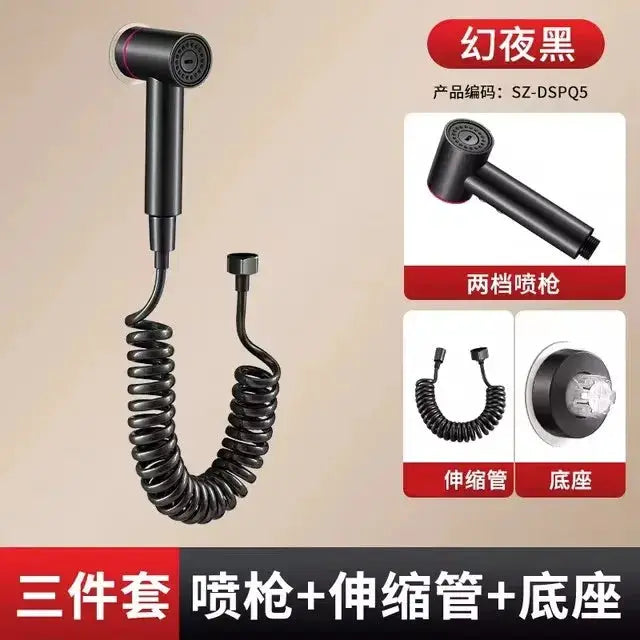 Simples Market three-piece handheld bidet spray gun set with two-mode nozzle, coiled hose, and base in black
