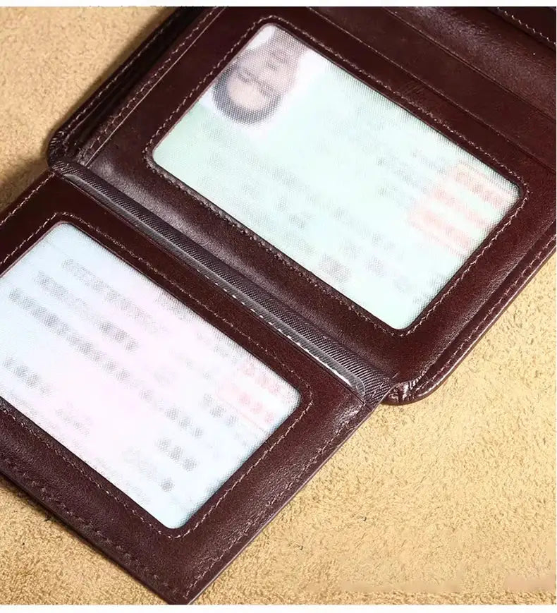 ManBang classic men's wallet brown genuine leather with clear ID windows and zip pocket
